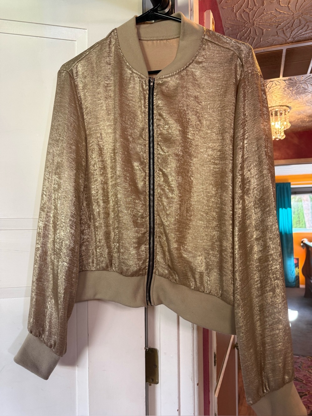 Metallic Gold Bomber Jacket - Women's Lightweight Zip Jacket